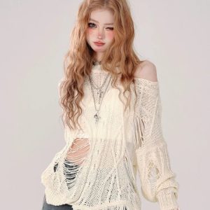 Frosted Whisper Frayed Sweater - Y2K Aesthetic Cozy Layering Essential