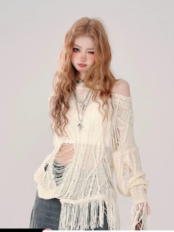 Frosted Whisper Frayed Sweater - Y2K Aesthetic Cozy Layering Essential