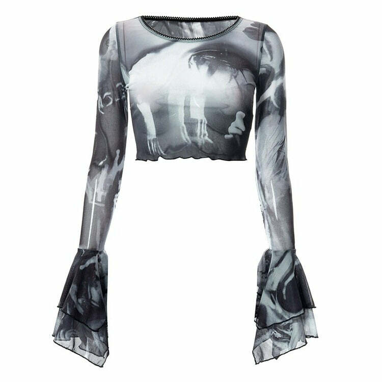 Futuristic Flare Sleeve Mesh Top for Y2K Aesthetic and Grunge Style