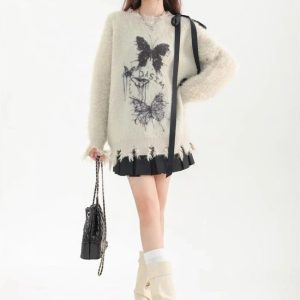 Fuzzy Butterfly Distressed Sweater - Y2K Aesthetic Grunge Style Top