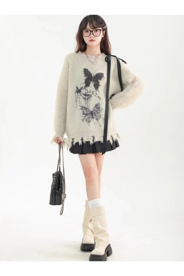 Fuzzy Butterfly Distressed Sweater - Y2K Aesthetic Grunge Style Top