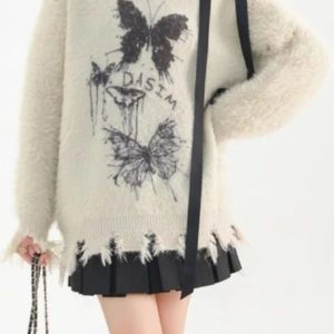 Fuzzy Butterfly Distressed Sweater - Y2K Aesthetic Grunge Style Top