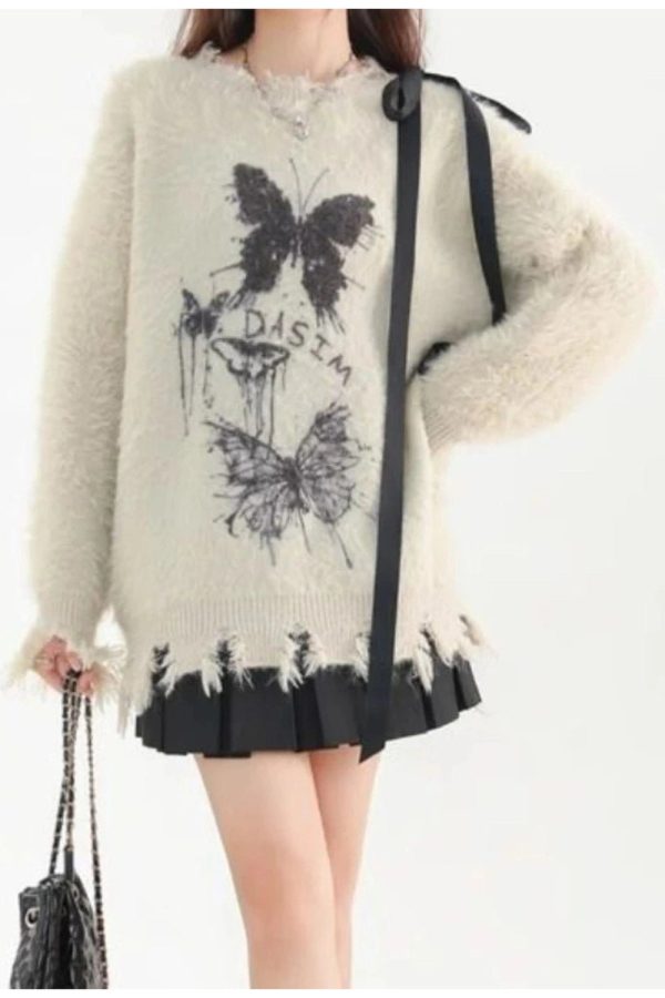 Fuzzy Butterfly Distressed Sweater - Y2K Aesthetic Grunge Style Top