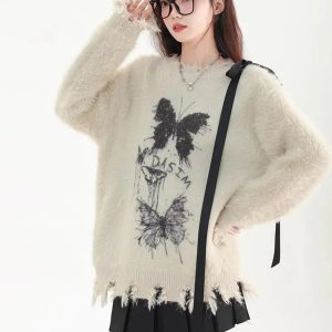 Fuzzy Butterfly Distressed Sweater - Y2K Aesthetic Grunge Style Top