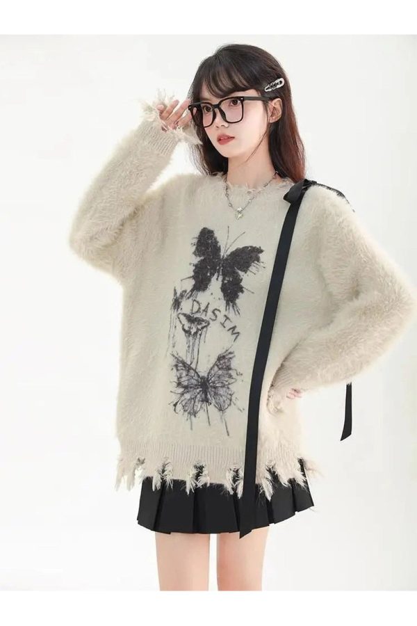 Fuzzy Butterfly Distressed Sweater - Y2K Aesthetic Grunge Style Top