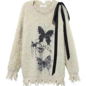 Fuzzy Butterfly Distressed Sweater - Y2K Aesthetic Grunge Style Top