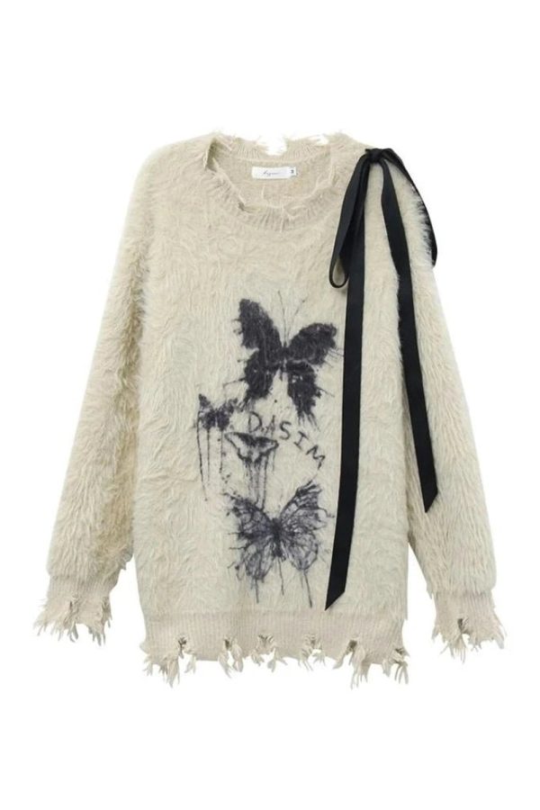 Fuzzy Butterfly Distressed Sweater - Y2K Aesthetic Grunge Style Top