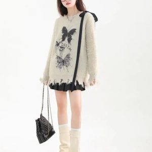 Fuzzy Butterfly Distressed Sweater - Y2K Aesthetic Grunge Style Top