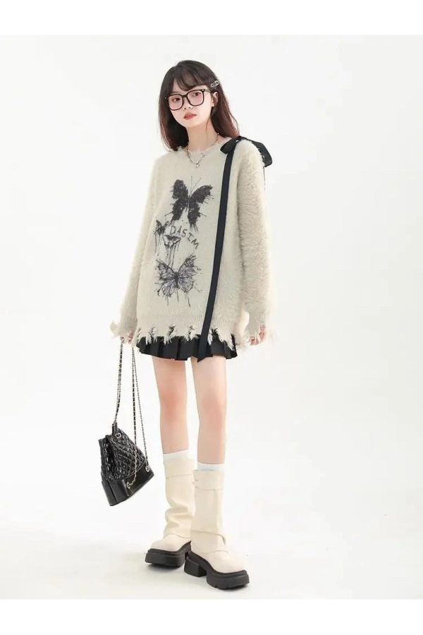 Fuzzy Butterfly Distressed Sweater - Y2K Aesthetic Grunge Style Top