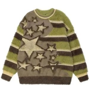 Fuzzy Galaxy Star Sweater - Y2K Aesthetic Comfy Knit for Cute Outfits