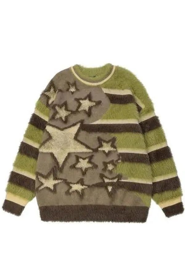 Fuzzy Galaxy Star Sweater - Y2K Aesthetic Comfy Knit for Cute Outfits