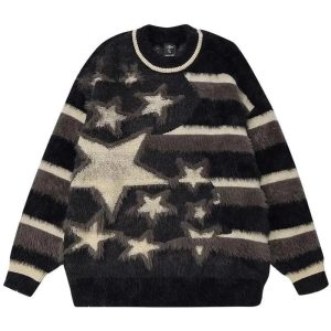 Fuzzy Galaxy Star Sweater - Y2K Aesthetic Comfy Knit for Cute Outfits