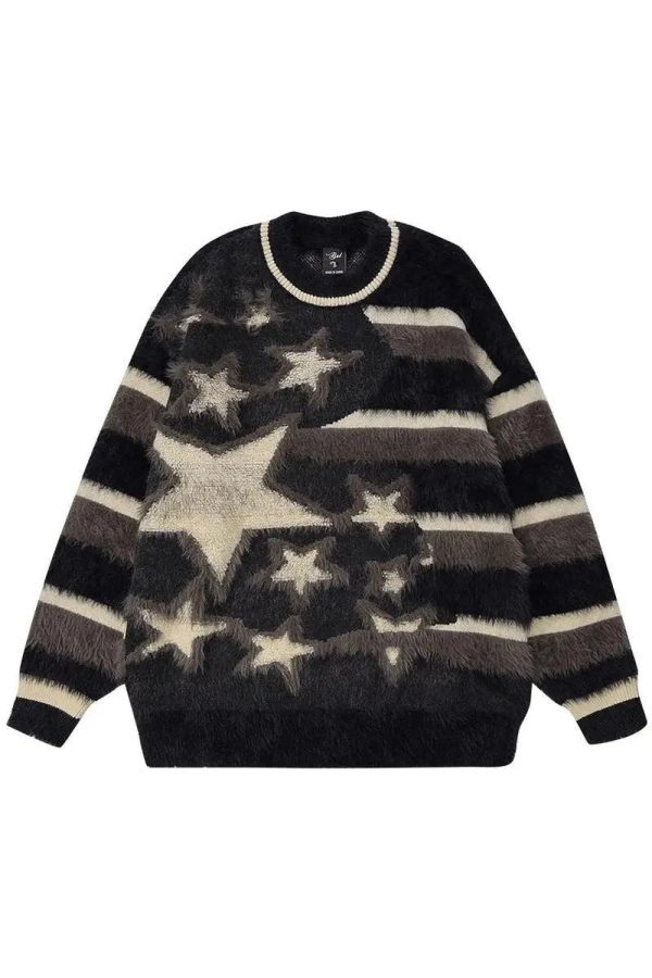 Fuzzy Galaxy Star Sweater - Y2K Aesthetic Comfy Knit for Cute Outfits