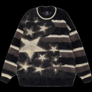 Fuzzy Galaxy Star Sweater - Y2K Aesthetic Comfy Knit for Cute Outfits