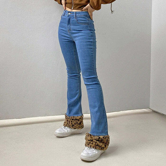 Fuzzy Leopard Trim Jeans for Y2K Aesthetic & Grunge Style Outfits