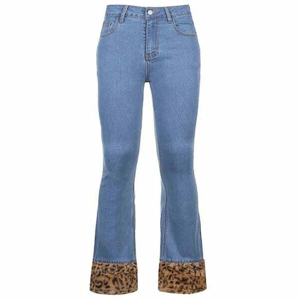 Fuzzy Leopard Trim Jeans for Y2K Aesthetic & Grunge Style Outfits