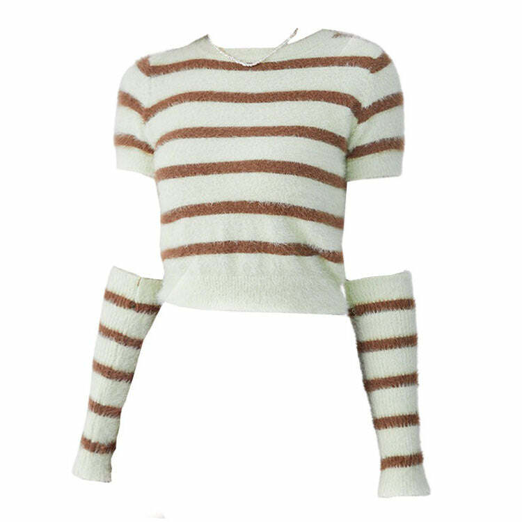 Fuzzy Striped Top & Gloves Set for Y2K Aesthetic Outfits