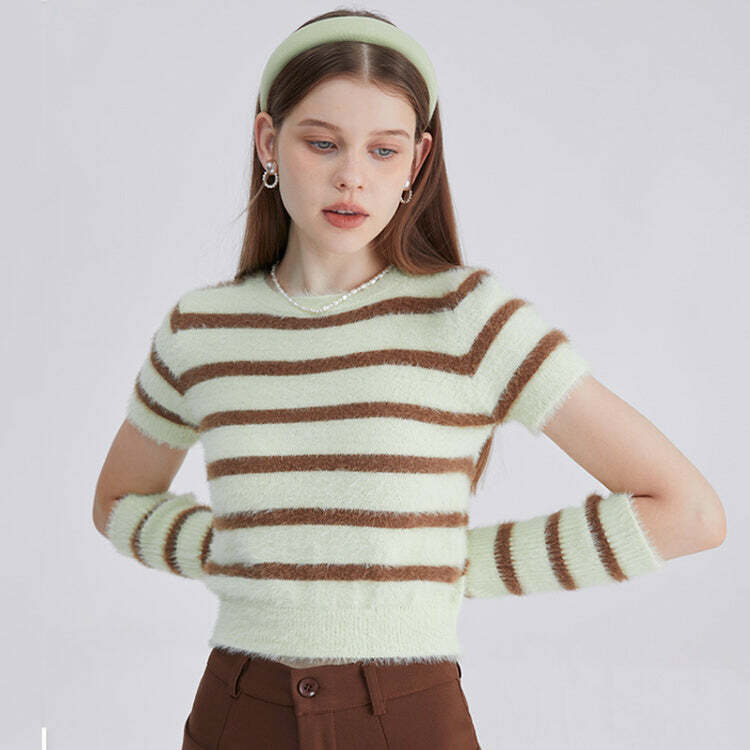 Fuzzy Striped Top & Gloves Set for Y2K Aesthetic Outfits