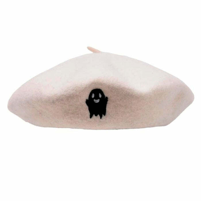 Ghost Embroidered Beret for Y2K Aesthetic & Coquette Style Outfits