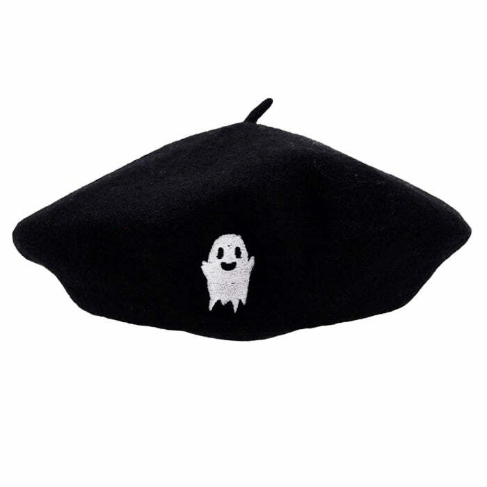 Ghost Embroidered Beret for Y2K Aesthetic & Coquette Style Outfits