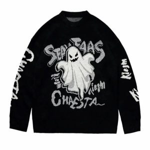 Ghostly Graffiti Knit Sweater - Y2K Aesthetic Cozy Top for Fall