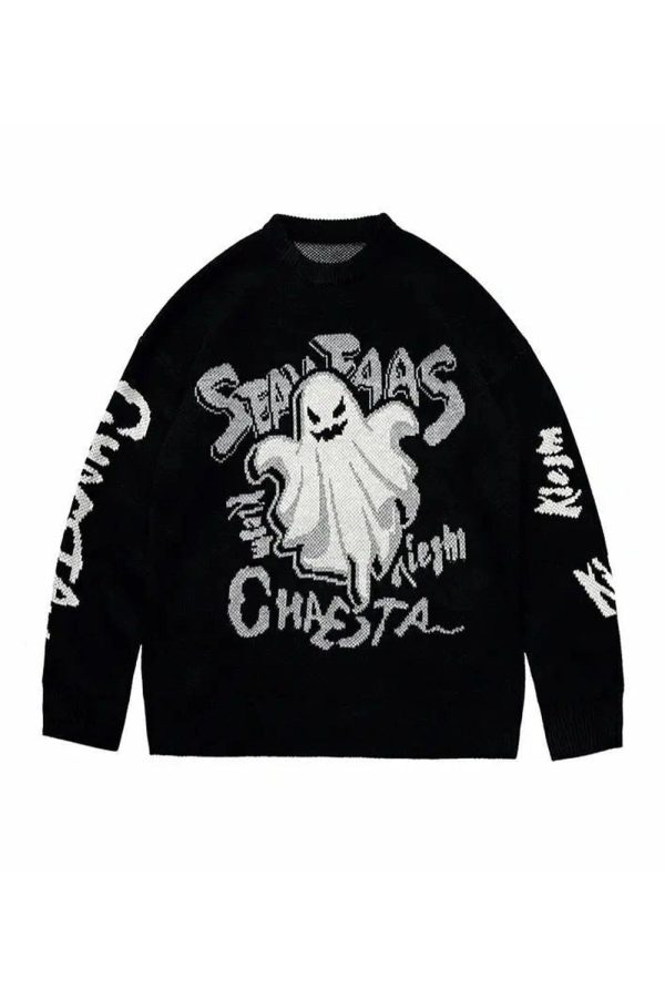 Ghostly Graffiti Knit Sweater - Y2K Aesthetic Cozy Top for Fall