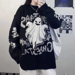 Ghostly Graffiti Knit Sweater - Y2K Aesthetic Cozy Top for Fall