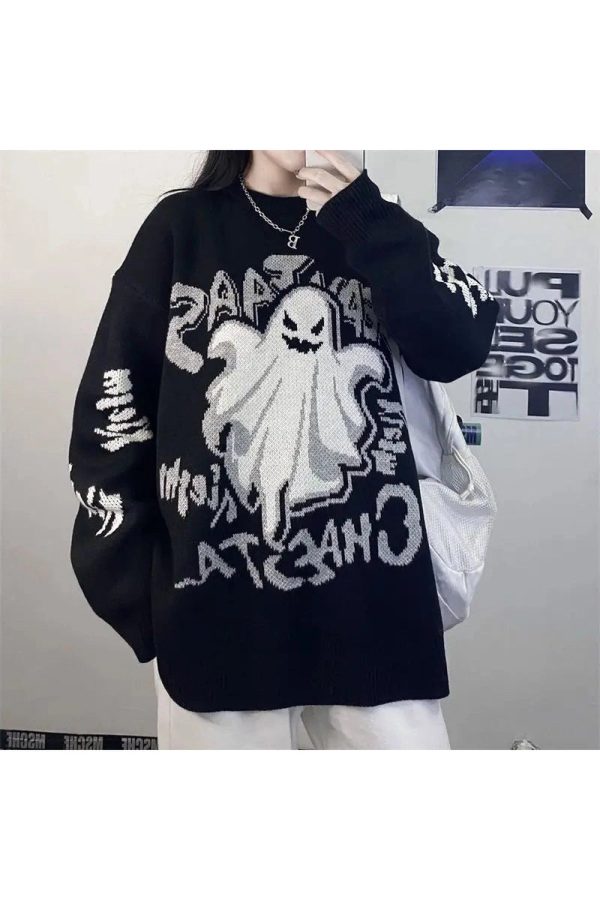 Ghostly Graffiti Knit Sweater - Y2K Aesthetic Cozy Top for Fall