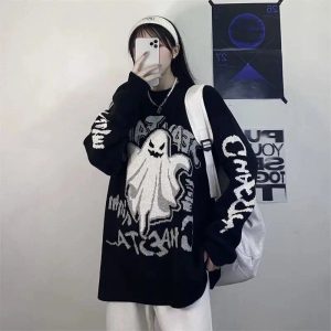 Ghostly Graffiti Knit Sweater - Y2K Aesthetic Cozy Top for Fall