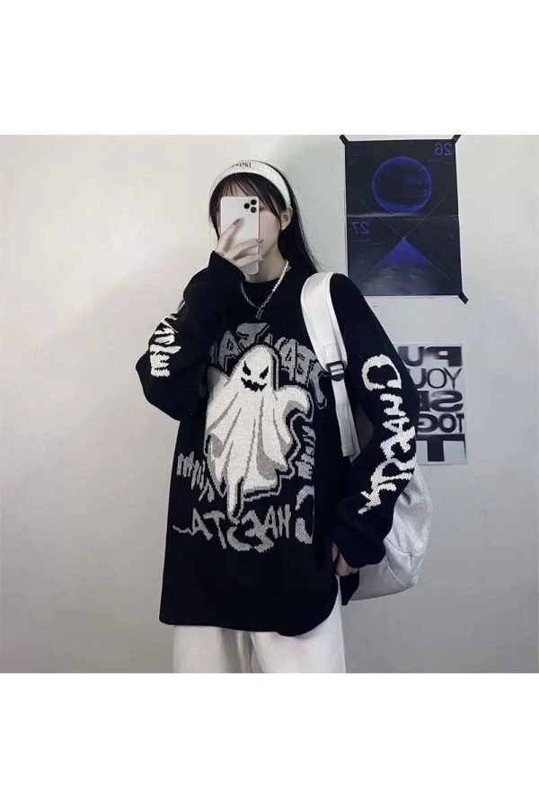 Ghostly Graffiti Knit Sweater - Y2K Aesthetic Cozy Top for Fall