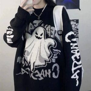 Ghostly Graffiti Knit Sweater - Y2K Aesthetic Cozy Top for Fall