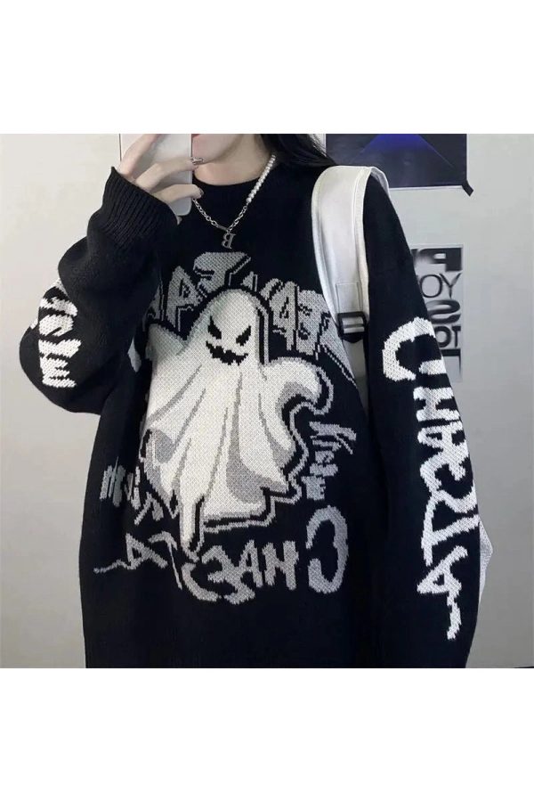 Ghostly Graffiti Knit Sweater - Y2K Aesthetic Cozy Top for Fall