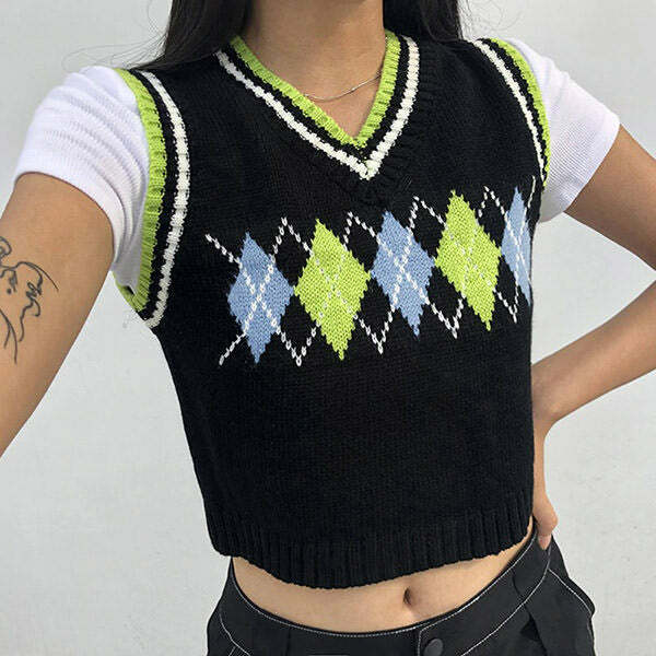 Gimme Sugar Y2K Argyle Vest for Coquette and Grunge Aesthetic Outfits