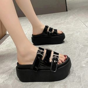 Glossy Buckle Platform Sandals for Y2K Aesthetic and Grunge Style