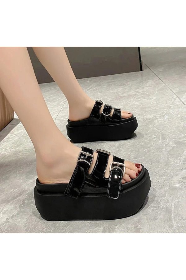 Glossy Buckle Platform Sandals for Y2K Aesthetic and Grunge Style