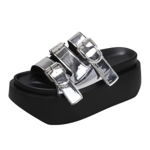 Glossy Buckle Platform Sandals for Y2K Aesthetic and Grunge Style