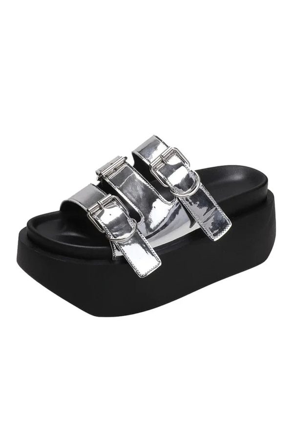 Glossy Buckle Platform Sandals for Y2K Aesthetic and Grunge Style