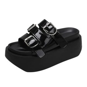 Glossy Buckle Platform Sandals for Y2K Aesthetic and Grunge Style