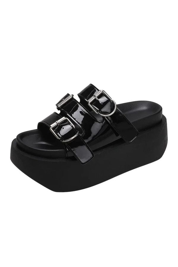 Glossy Buckle Platform Sandals for Y2K Aesthetic and Grunge Style