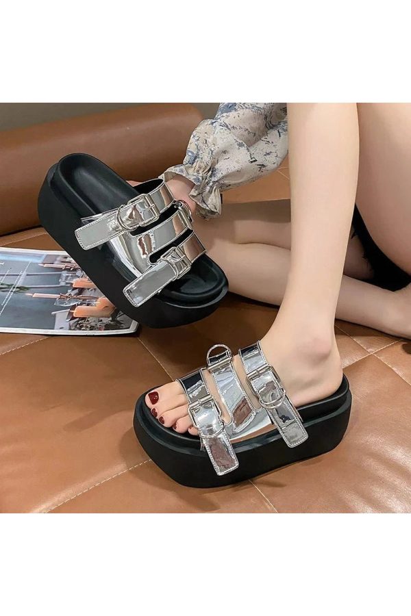 Glossy Buckle Platform Sandals for Y2K Aesthetic and Grunge Style