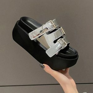 Glossy Buckle Platform Sandals for Y2K Aesthetic and Grunge Style