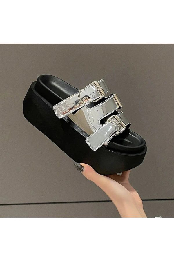 Glossy Buckle Platform Sandals for Y2K Aesthetic and Grunge Style