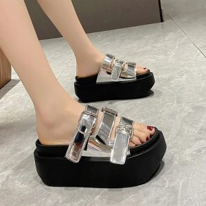 Glossy Buckle Platform Sandals for Y2K Aesthetic and Grunge Style