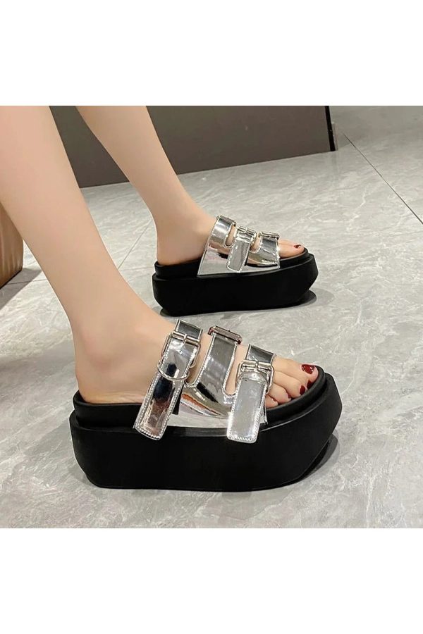 Glossy Buckle Platform Sandals for Y2K Aesthetic and Grunge Style