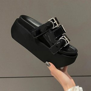 Glossy Buckle Platform Sandals for Y2K Aesthetic and Grunge Style