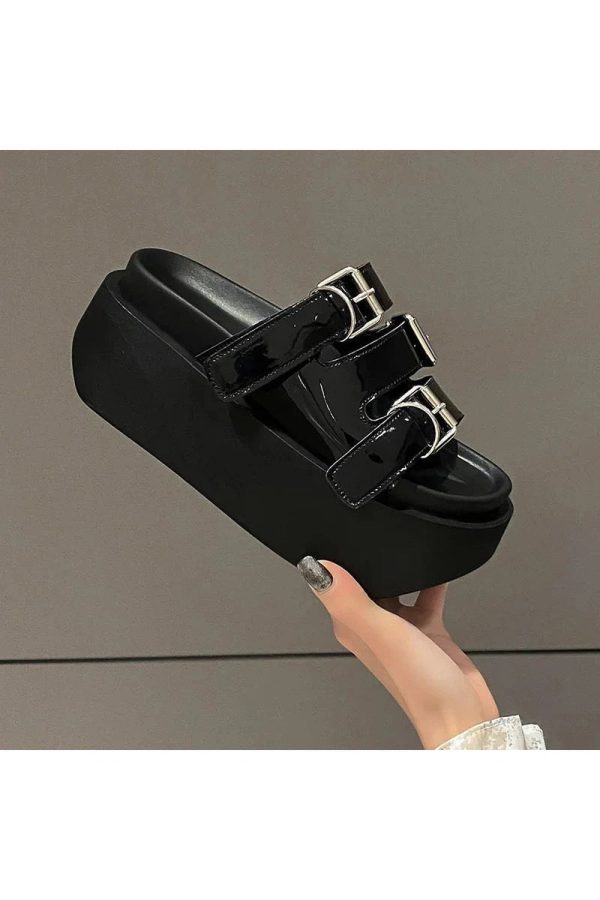 Glossy Buckle Platform Sandals for Y2K Aesthetic and Grunge Style