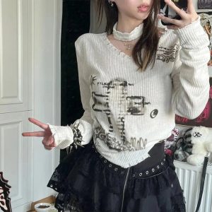 Goblincore Off-Shoulder Grunge Aesthetic Sweater for Y2K Style Lovers