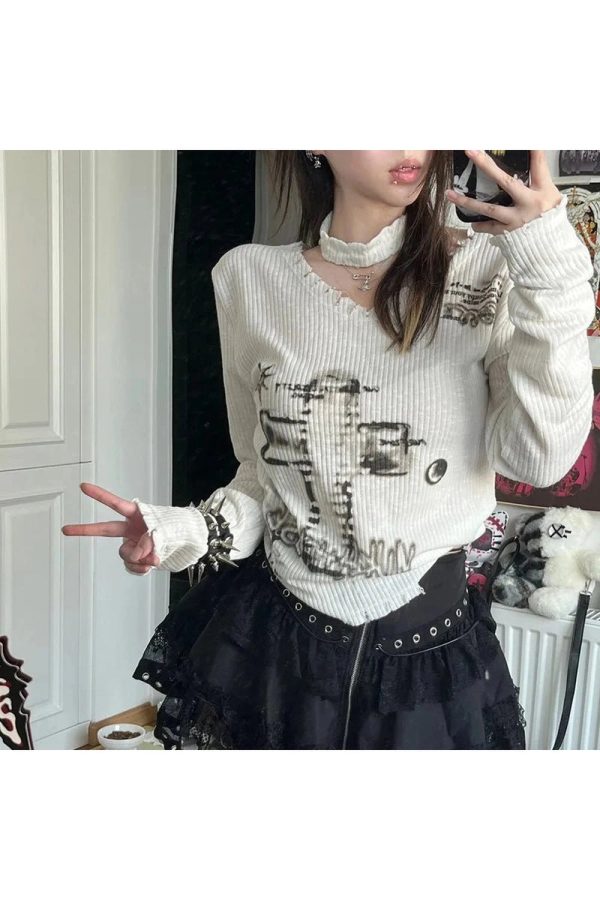 Goblincore Off-Shoulder Grunge Aesthetic Sweater for Y2K Style Lovers