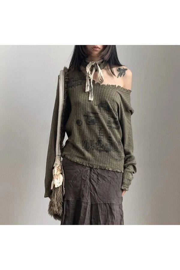 Goblincore Off-Shoulder Grunge Aesthetic Sweater for Y2K Style Lovers