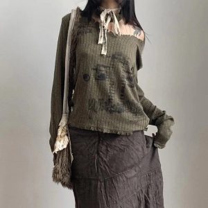 Goblincore Off-Shoulder Grunge Aesthetic Sweater for Y2K Style Lovers